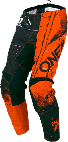 Orange ONEAL MX Shred motocross pants with black accents, designed for off-road riding and durable performance.