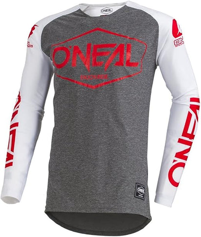 White ONEAL Mayhem Hexx MX jersey with bold black and gray design, lightweight and breathable motocross jersey.