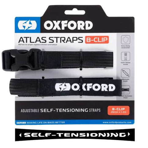 Pair of Oxford Atlas B-Clip bike protection straps, 26mm x 1.2m, made of durable material, shown in black with clip fastening.