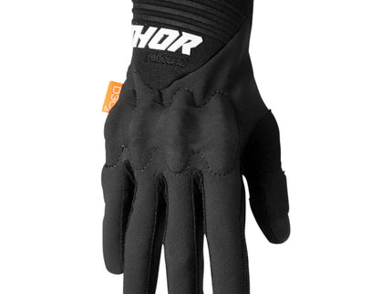 Black THOR Rebound MX gloves with padded palms and adjustable wrist straps, designed for motocross riding.