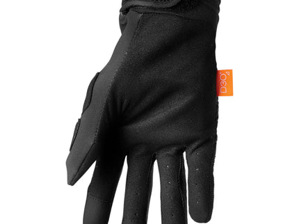 Black THOR Rebound MX gloves with padded palms and adjustable cuffs, designed for motocross riding comfort and grip.