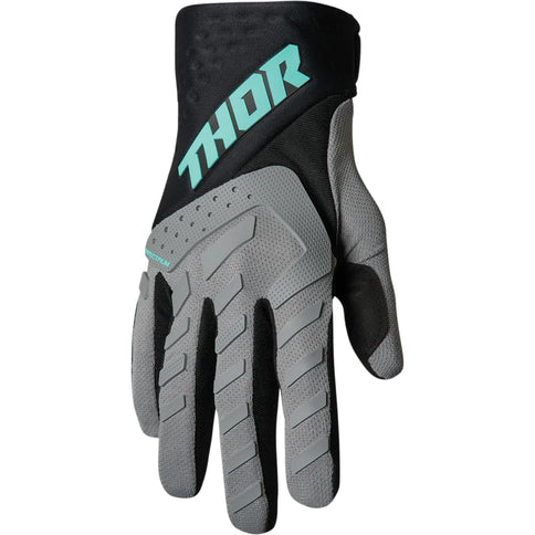 Gray and mint THOR Spectrum MX gloves with padded palms and flexible material, designed for motocross riding.