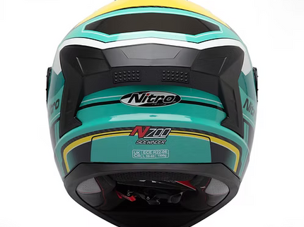 NITRO Sidewinder full face road helmet in black, teal, and yellow with aerodynamic design and ventilation features.