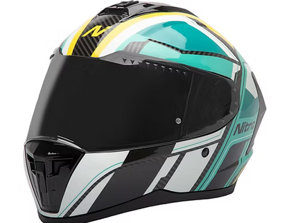 NITRO Sidewinder full face road helmet in black, teal, and yellow with aerodynamic vent details and secure chin strap.