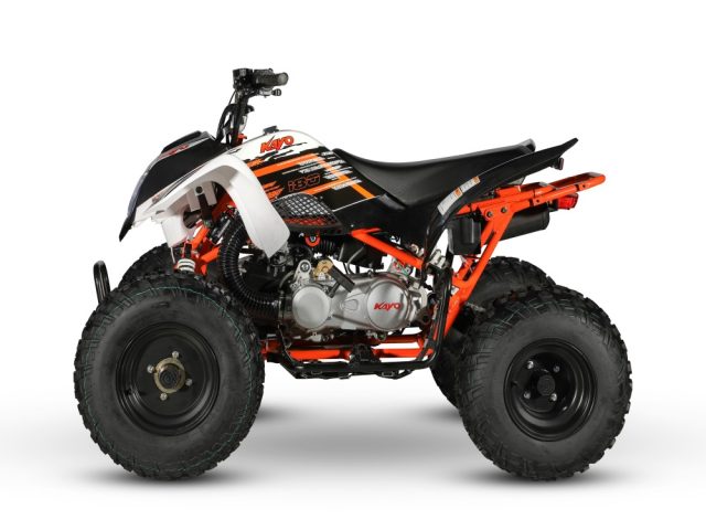 KAYO A180 ATV showing the rugged body, sturdy tires, and handlebars designed for off-road riding.