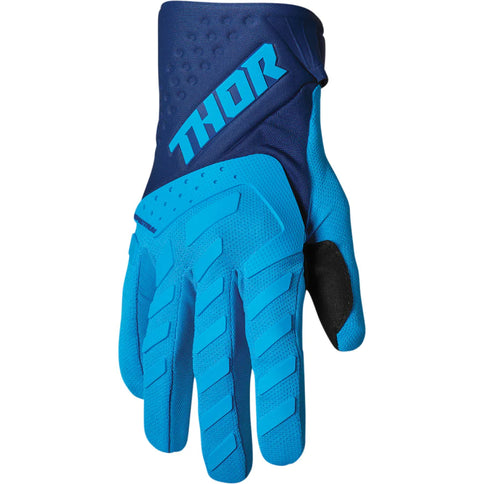 Blue and navy Thor Spectrum MX gloves with padded palms and flexible design, suitable for motocross riding.