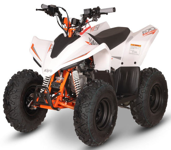 KAYO A70 ATV with black frame and rugged tires, suitable for kids and beginners, shown on off-road terrain.