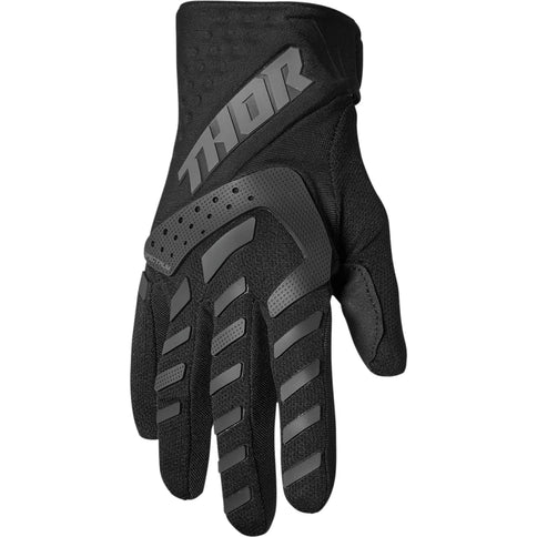 Black THOR Spectrum MX gloves with padded knuckles and adjustable wrist straps for motocross riding.