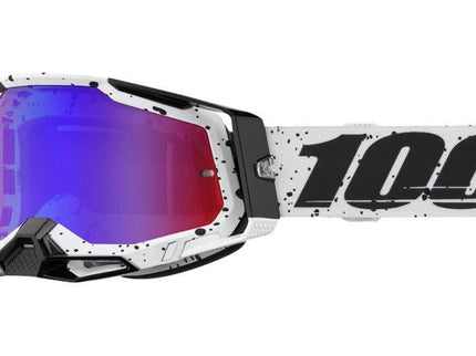 Racecraft 2 Trinity red and blue MX goggles with mirror lenses from 100%, featuring a sleek design and adjustable strap.