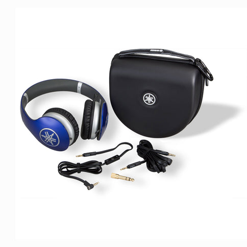 Blue Yamaha HPH-PRO 500 headphones with padded ear cups and adjustable headband, designed for professional audio listening.