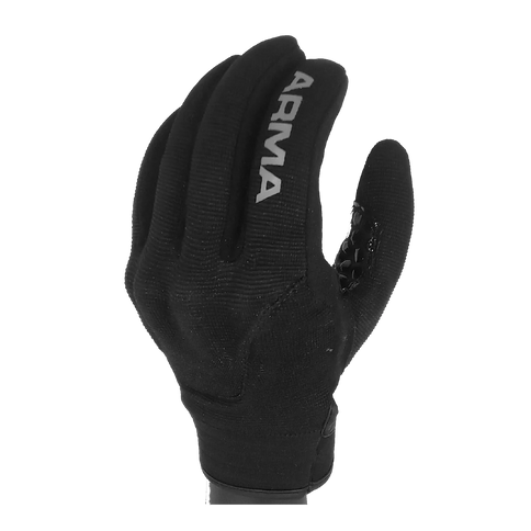 Black ARMA Flash road gloves with padded palms, breathable fabric, and adjustable wrist straps for cycling comfort and protection.