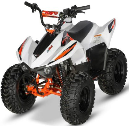 KAYO AY70 ATV riding off-road on dirt trail, compact all-terrain vehicle with rugged tires and sporty design.