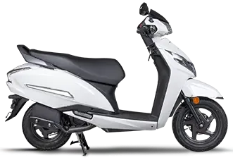 Honda Activa 125 scooter showing its sleek body, front view with handlebar and headlight, in a well-lit setting.