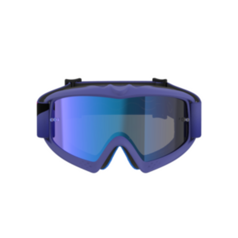 Alpinestars Youth Vision Corp MX goggles in purple with pink mirror and blue accents, designed for motocross riding.