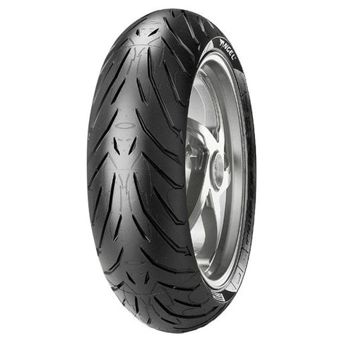 Rear motorcycle tire by PIRELLI, ANGEL ST 180/55/17, showing tread pattern designed for enhanced grip and performance.