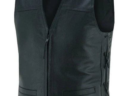 NEXO Charlie leather waistcoat, a stylish road jacket with detailed stitching and a classic collar, shown in black leather.