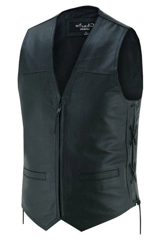 NEXO Charlie leather waistcoat, a stylish road jacket with detailed stitching and a classic collar, shown in black leather.