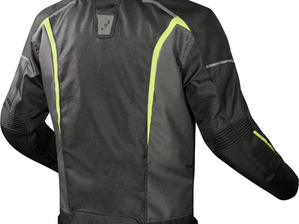 Back view of LS2 men's Sepang road jacket in black and hi-vis yellow with grey accents, designed for motorcycle riding.