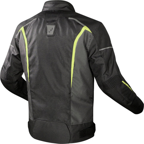Back view of LS2 men's Sepang road jacket in black and hi-vis yellow with grey accents, designed for motorcycle riding.