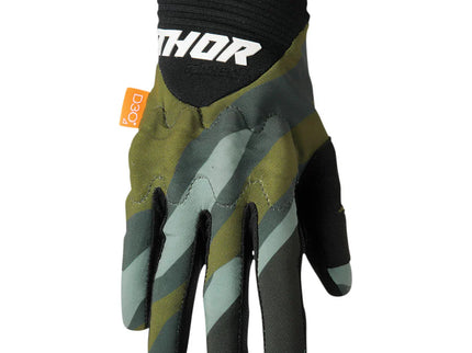 THOR Rebound Camo MX gloves with padded palms and camouflage design, designed for motocross riding comfort and grip.