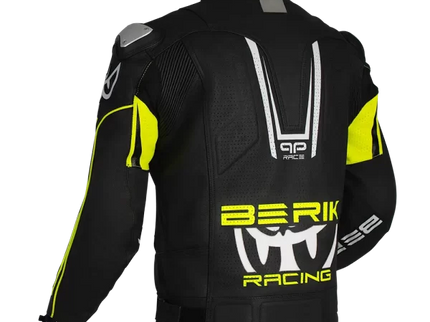 Black and high-visibility yellow BERIK Apex Leather Jacket for road riding, featuring protective motorcycle gear design.
