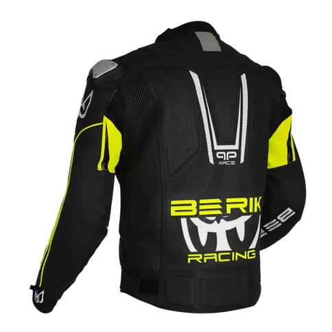 Black and high-visibility yellow BERIK Apex Leather Jacket for road riding, featuring protective motorcycle gear design.