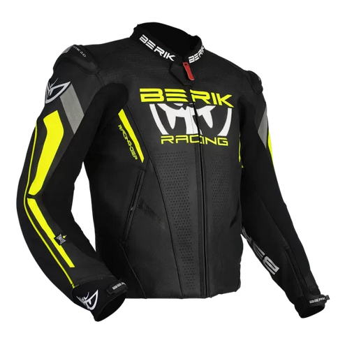 Black and hi-vis BERIK Apex leather motorcycle jacket with protective armor, featuring a sleek design and reflective accents.
