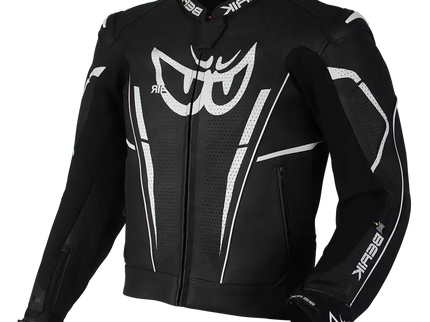 Black and white BERIK Monza leather road jacket with stylish design and protective features, suitable for motorcycle riding.