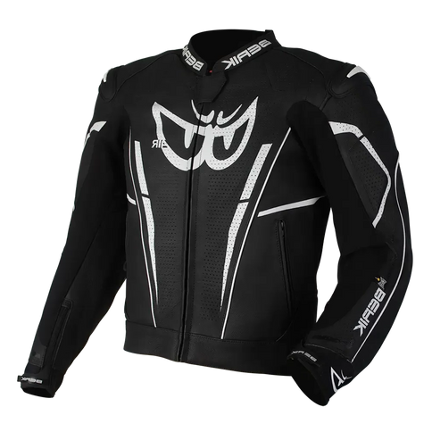 Black and white BERIK Monza leather road jacket with stylish design and protective features, suitable for motorcycle riding.