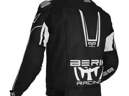 Black and white BERIK Monza leather road jacket with sleek design and detailed stitching, ideal for motorcycle riding.