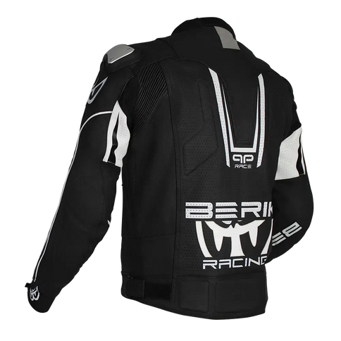Black and white BERIK Monza leather road jacket with sleek design and detailed stitching, ideal for motorcycle riding.