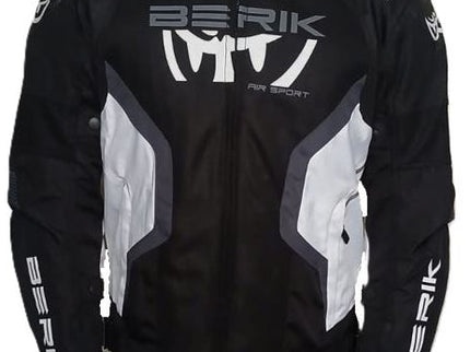 Black and white nylon BERIK adventure jacket with a sleek design, featuring a front zipper and adjustable cuffs.