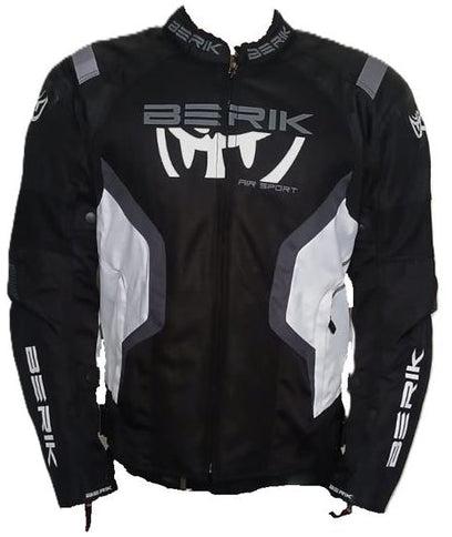 Black and white nylon BERIK adventure jacket with a sleek design, featuring a front zipper and adjustable cuffs.