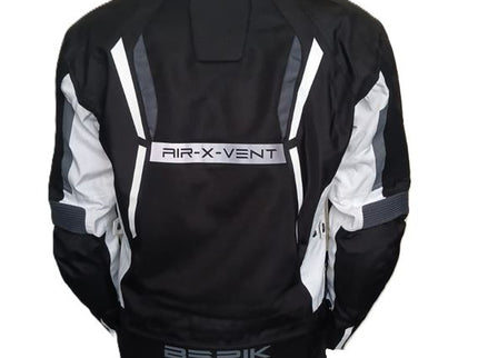 Black and white nylon adventure jacket by BERIK with a sleek design and front zipper, suitable for outdoor activities.