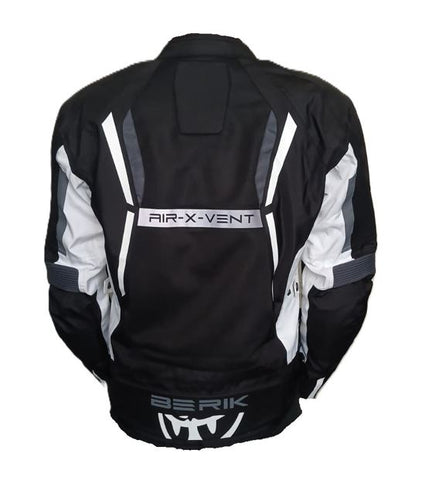 Black and white nylon adventure jacket by BERIK with a sleek design and front zipper, suitable for outdoor activities.