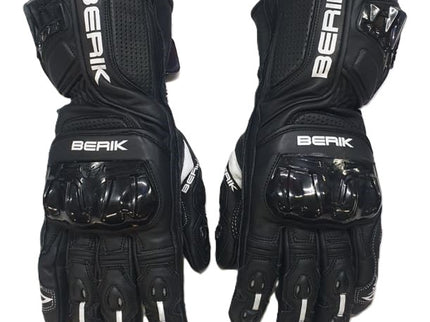 BERIK gauntlet road gloves with padded palms and adjustable straps, designed for motorcycle riding comfort and protection.