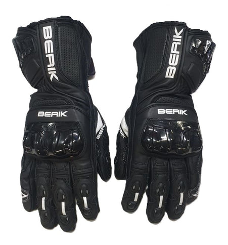 BERIK gauntlet road gloves with padded palms and adjustable straps, designed for motorcycle riding comfort and protection.