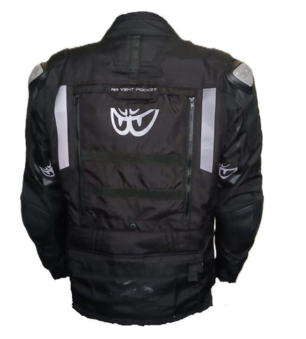 Black and grey BERIK nylon adventure jacket displayed on a hanger with a focus on the front design and material details.