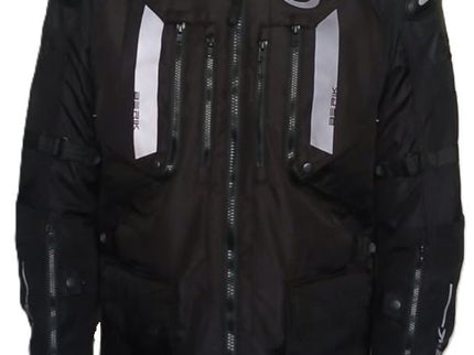 Black and grey BERIK nylon adventure jacket with a sleek design, featuring multiple pockets and a lightweight, durable build.
