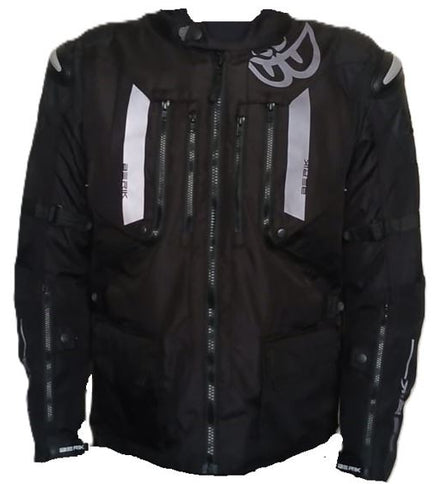 Black and grey BERIK nylon adventure jacket with a sleek design, featuring multiple pockets and a lightweight, durable build.