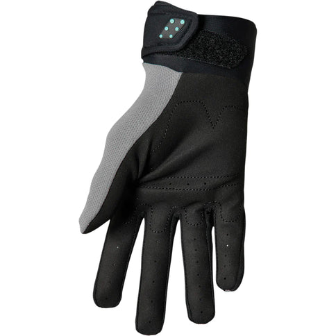 Gray and mint Thor Spectrum MX gloves with padded palms and adjustable wrist straps, designed for motocross riding.