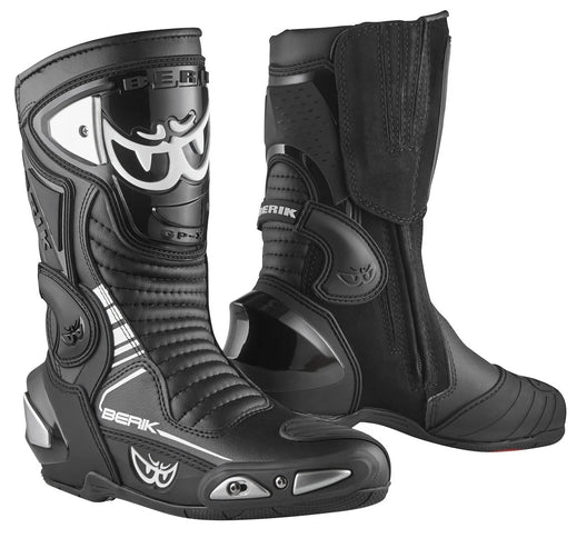 Black Berik Race-X EVO motorcycle road boots with sturdy design and reinforced ankle protection, suitable for racing and street riding.