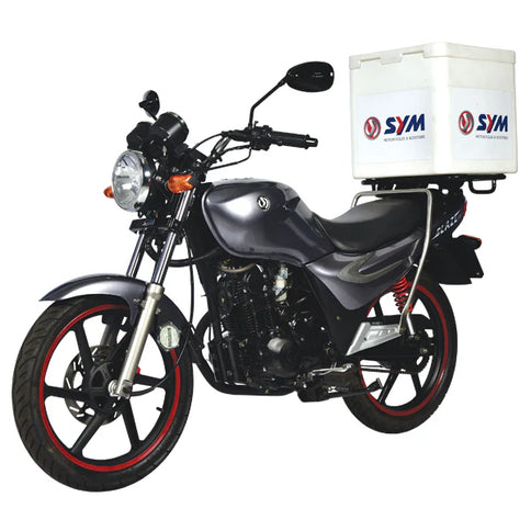 Silver SYM Blaze 200 motorcycle parked outdoors with a sleek design and sporty features.