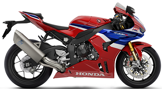 Honda CBR1000RR-R Fireblade motorcycle in tri-color design with sleek fairing and sporty riding stance.