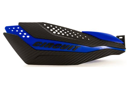 Circuit Dakar universal handguards in black and blue, mounted on a motorcycle handlebar for protection and style.
