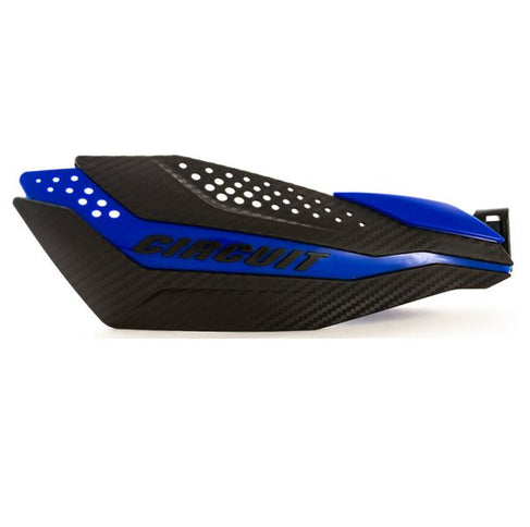 Circuit Dakar universal handguards in black and blue, mounted on a motorcycle handlebar for protection and style.