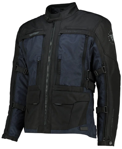 SGI Discovery Admiral Navy motorcycle jacket front view, road jacket with padded shoulders and zipper closure.