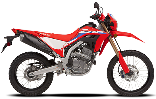Honda CRF300L motorcycle in various colors, showcasing the off-road design and vibrant color options for 2023.