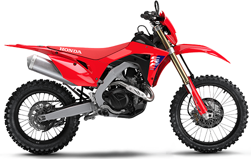 Red Honda CRF450X dirt bike with rugged design and off-road tires, showcasing its sporty frame and durable build.