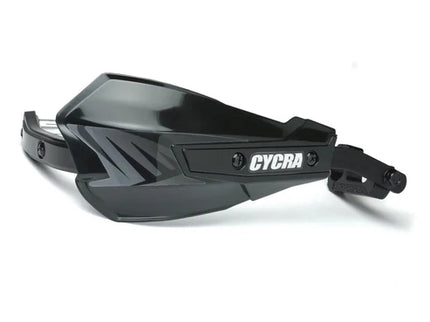 Black Cycra Vortex handguard set with mounting hardware for motorcycle handlebars, offering protection and style.